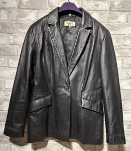 Cappotto donna vintage pelle nero singolo bottone doppia tasca taglia 14 - Foto 1 di 11