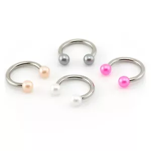 Pearl Horseshoe Bar Circular Barbell Lip Nose Septum Ear Ring - Picture 1 of 10