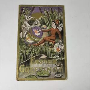 1907 - 1914 EASTER GREETINGS BUNNY RABBIT PAINTED EGG FAIRY NYMPH PIXIE POSTCARD - Picture 1 of 2
