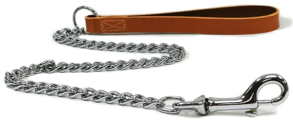 Chain Dog Lead - Tan. Leather, Chrome Steel. 5 Sizes. 50/80/90cm. 30/50/75KG. - Image 1 of 4
