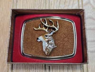 Винтажный 80-х годов Raintree ремень пряжка Buck белохвостый олень рога 3D золотой тон с бархатом - Изображение 1 из 4