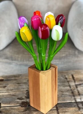 Tulipanes de madera, juego de 9 tulipanes de primavera, decoración de mesa de flores de 13,3"", madera hecha a mano  Foto 1 de 4