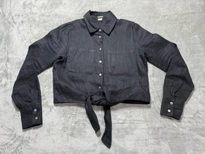 Magaschoni 100% Linen Button Up Waist Tie Shirt Womens XS Black Summer Beach - Picture 1 of 4