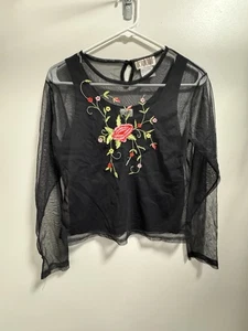 Vtg 90s Black Floral Rose Embroidered Mesh Long Sleeve Top Large Whimsy Goth Y2K - Picture 1 of 9