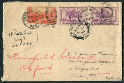 1935 South Hadley MA to London Cover SS Deutschland Conn Tercentenary Stamps - Image 1 of 2