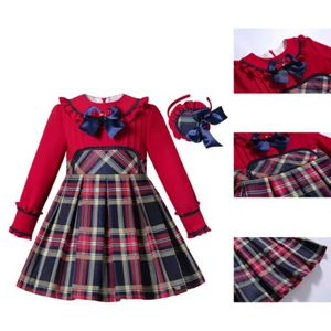 Kids Girls Spanish Check Dress Bow Christmas Party Pageant Formal Dresses Red US - Picture 1 of 11
