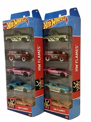 Paquete de 5 Hot Wheels Flames 🔥Nuevo EMBALAJE ORIGINAL HTV47 con 83 Chevy Silverado '56 Ford Foto 1 de 4