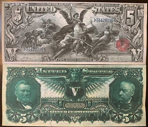 Reproduction $5 Bill Educational Note 1896 Grant & Sheridan Silver Certificate  - Picture 1 of 9