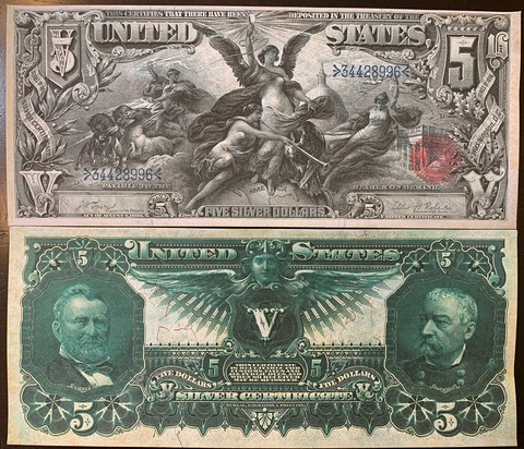 Reproduction $5 Bill Educational Note 1896 Grant & Sheridan Silver Certificate Cover
