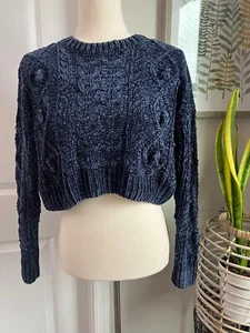 Urban Outfitters Sweater Small Navy Blue Chenille Cropped Chunky Y2K Pullover - Picture 1 of 11