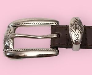 Vtg 90s Silver Concho Jointed Western Brown Leather Belt Size Womens 32 Large