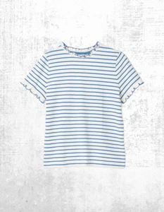 Ex Joules Women’s Short Sleeve Daisy Frilled Neck Top in Cream & Blue (Defect) - Picture 1 of 5