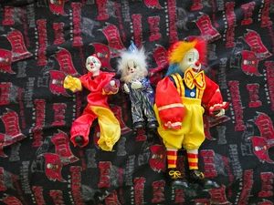Vintage Porzellan Gesicht Plüsch Körper Clowns 3er Set - Bild 1 von 5
