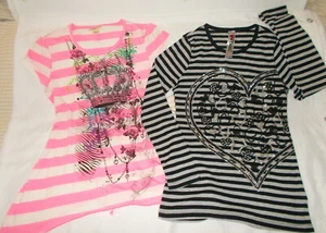 2PC Girls Large Pink and Black Striped Shirt Top Bling Heart Crown NEW - Picture 1 of 4
