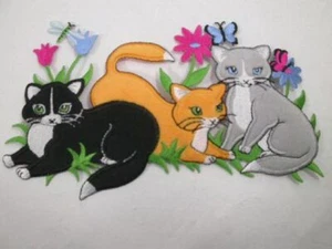 Kitty Cats w Flowers Faux Fur Iron On Patch 7.5 In - Picture 1 of 1