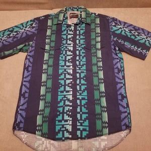 Wrangler Brushpopper Pearl Snap Western Shirt Aztec Tribal Southwestern 90s Sz M - Picture 1 of 9