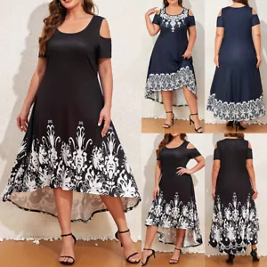 Plus Size Women Cold Shoulder Floral Long Dress Ladies Summer Asymmetric Dresses - Picture 1 of 12