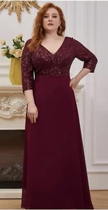 Ever Pretty Plus Size Formal Dress 4XL Burgundy Sequin Maxi 3/4 Sleeve - Picture 1 of 9