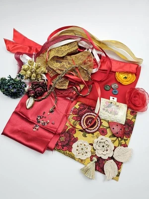 Kit de tela de costura de punto lento diario chatarra rojo oro ganchillo flores encaje lote #13 Foto 1 de 4