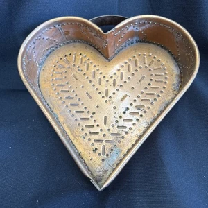 Vintage Tin Punched Copper Metal Heart Mold Wall Decor Hangs 7" ×6.5 ×2 Hearts - Picture 1 of 6