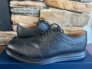 COLE HAAN LUNARGRAND LONG WINGTIP SHOES BLACK OSTRICH PRINT RARE MENS 9 M NEW - Picture 1 of 8
