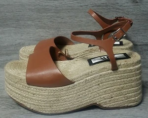 ZARA Womens Faux Leather Brown, Platform Wedge Jute Espadrille Sandals - 4/37 - Picture 1 of 20