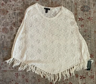 НОВЫЙ!! INC белый пончо пуловер вязаный крючком с бахромой нарядный хлопок L/XL новый с Ярлыками - Изображение 1 из 4