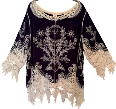 Pinky Peasant Top Navy Blue with White Crochet Embroidery Plus Size 22/24 3X - Image 1 of 4