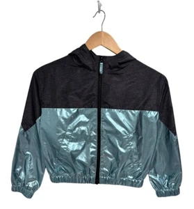 Justice Girl's Long Sleeve Gray & Blue Shiny Crop Zip Hooded Jacket Size 6/7 - Picture 1 of 8