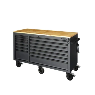 Banco de trabajo móvil caja de herramientas tapa de madera maciza 62x24" negro mate tira eléctrica grande Foto 1 de 4