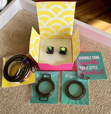 Origami Owl Floral Leather Double Wrap Black Crystal Locket Bracelet Set Earring - Image 1 of 4