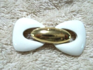 MONET Bow Shape Pin, Gold Tone Metal,  White Enamel Accents,  E4 - Picture 1 of 2
