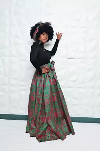 African Skirt Ankara Print Long Maxi Skirt with Pockets and Matching Head Piece - Picture 1 of 5