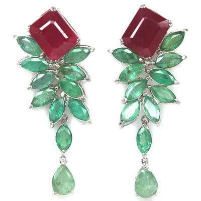 Thai Handgefertigt Weiß Vergoldet 9 x 11 Mm. Pink Rubin & Smaragd Ohrringe - Bild 1 von 4