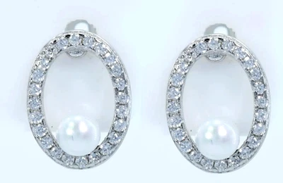 0.96ct Natural Round Diamond 14k BIS Hallmarked White Gold Pearl Stud Earrings - Image 1 of 4