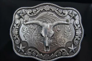 Nocona Western Belt Buckle Longhorn Roped Edge Steer Skull Silver 3798664 - Imagen 1 de 3