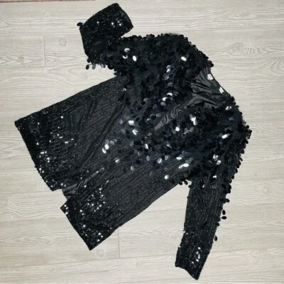 Cárdigan Suéter Camisa Vintage Lentejuelas Cuentas Flecos Negro Grande Formal Elegante Foto 1 de 4