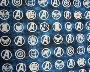 Marvel character badges blue/white  Cotton Fabric -BY THE HALF YARD - Picture 1 of 3