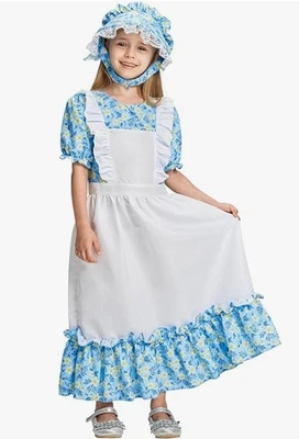 Vestido de Pradera Disfraz Pionero para Niñas con Gorro Conjunto Colonial Medio Azul 3-4 T Foto 1 de 4