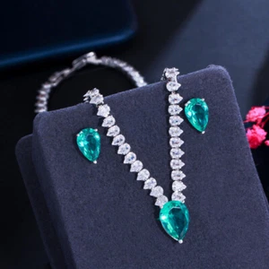 Silver Plated Cubic Zircon Light Green Wedding Necklace Earrings Top Jewelry Set - Picture 1 of 8