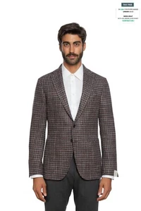 $2080 LUIGI BORRELLI Hand-Sewn Wine Gray Houndstooth Jacket Wool Silk - Picture 1 of 7