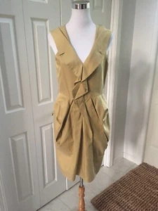 LIDA BADAY Golden Yellow Cotton Silk C Neck Ruffle Front Dress 8 NWOT - Imagen 1 de 8