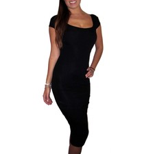 Womens Ladies Party Clingy Evening Midi Knee Short Sleeve Dress Black Size 18 L