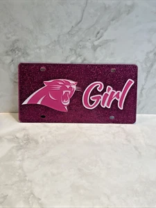 RARE Carolina Panthers GIRL PREMIUM ACRYLIC INLAID PINK GLITTER LICENSE PLATE - Picture 1 of 3