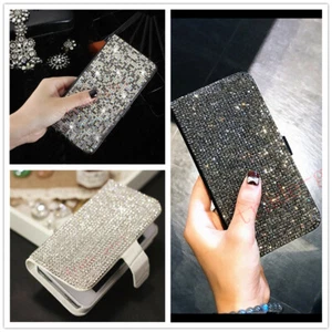 Women Bling PU Leather Crossbody Card Wallet Magnetic Phone Rhinestone Case - Picture 1 of 15