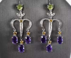 Amethyst Citrine Peridot Chandelier Dangle Earrings in 10k White Gold - Picture 1 of 4