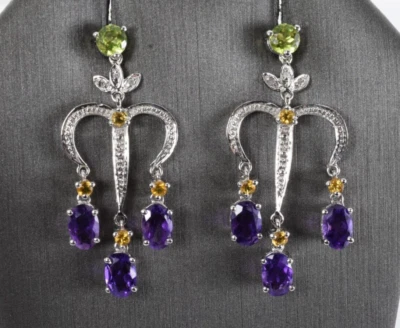 Amethyst Citrine Peridot Chandelier Dangle Earrings in 10k White Gold - image 1 of 4