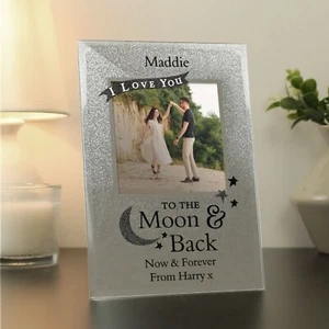 Personalised I LOVE YOU TO THE MOON AND BACK 4x4 Glass Glitter Photo Frame Gift - Picture 1 of 7