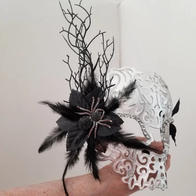 ADULT Venetian Mask Silver Filigree Black Twigs Feather Rhinestone Spider NWT - Image 1 of 4