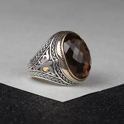 Men's Smoky Quartz Ring 925 Sterling Silver Turkish Jewelry Size 7-15 - Image 1 of 4